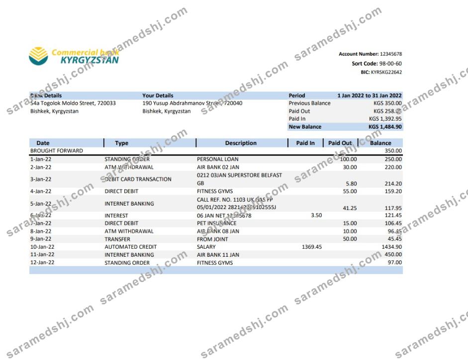 Kyrgyzstan Commercial Bank statement